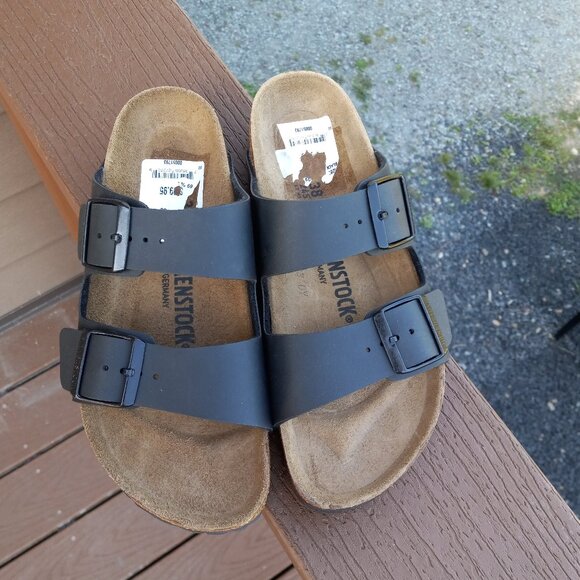 NWOB Birkenstock Arizona Black Birko Flor Black Buckle Sz EU 38 US 7 - 7.5 DEFEC - Picture 2 of 16